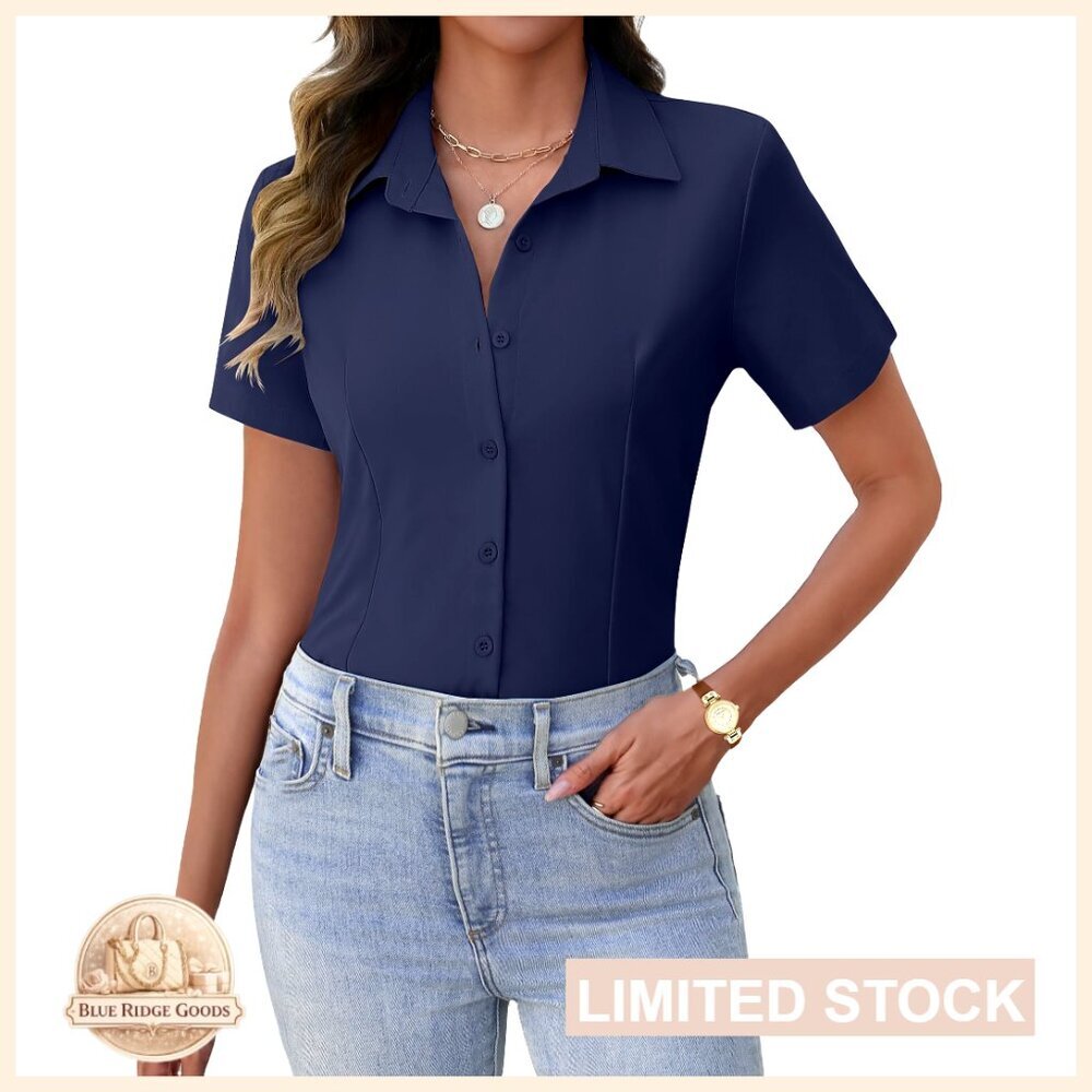 Short Sleeve Button Down Blouse Elegant Business Casual Chic Oxford Collar